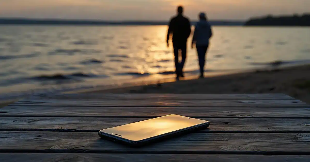 Smartphone lying face-down on wooden dock with silhouetted figures walking along Minnesota lake at sunset