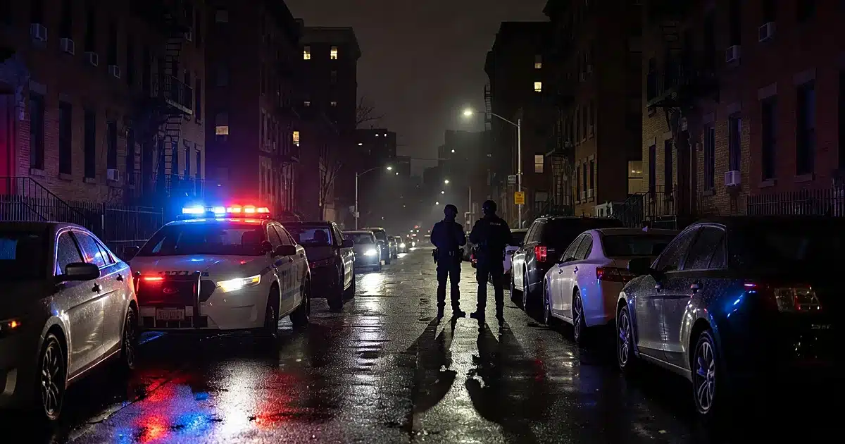 Police emergency lights reflecting on wet street at night with silhouetted law enforcement figures beside vehicles