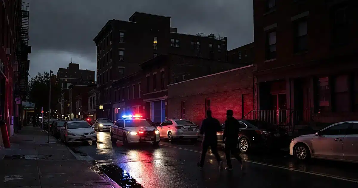 Police car emergency lights reflecting on wet city street at night with silhouetted figures in motion