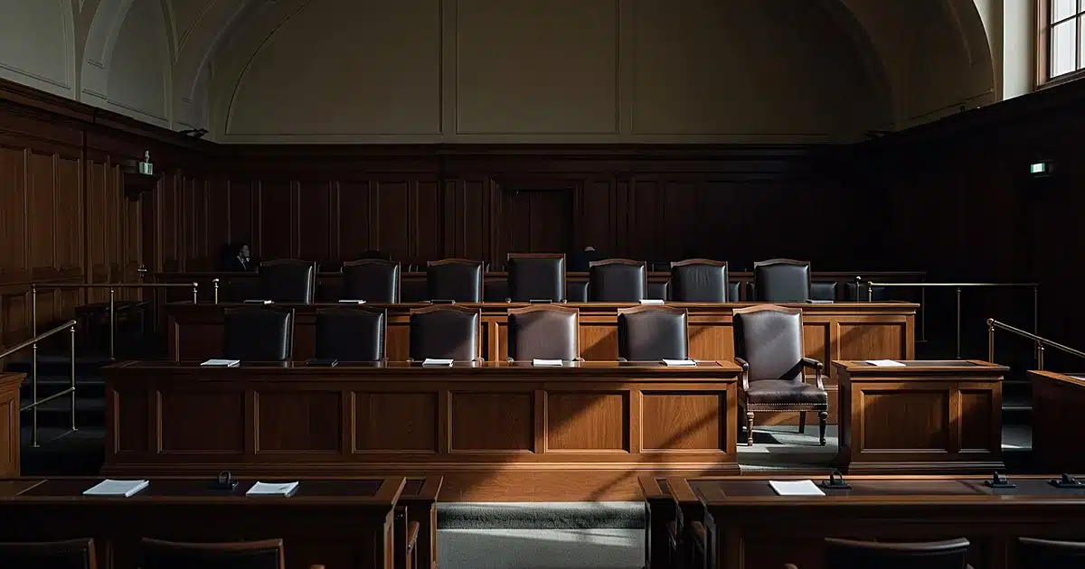Empty Supreme Court bench with nine chairs, one positioned separately under dramatic lighting