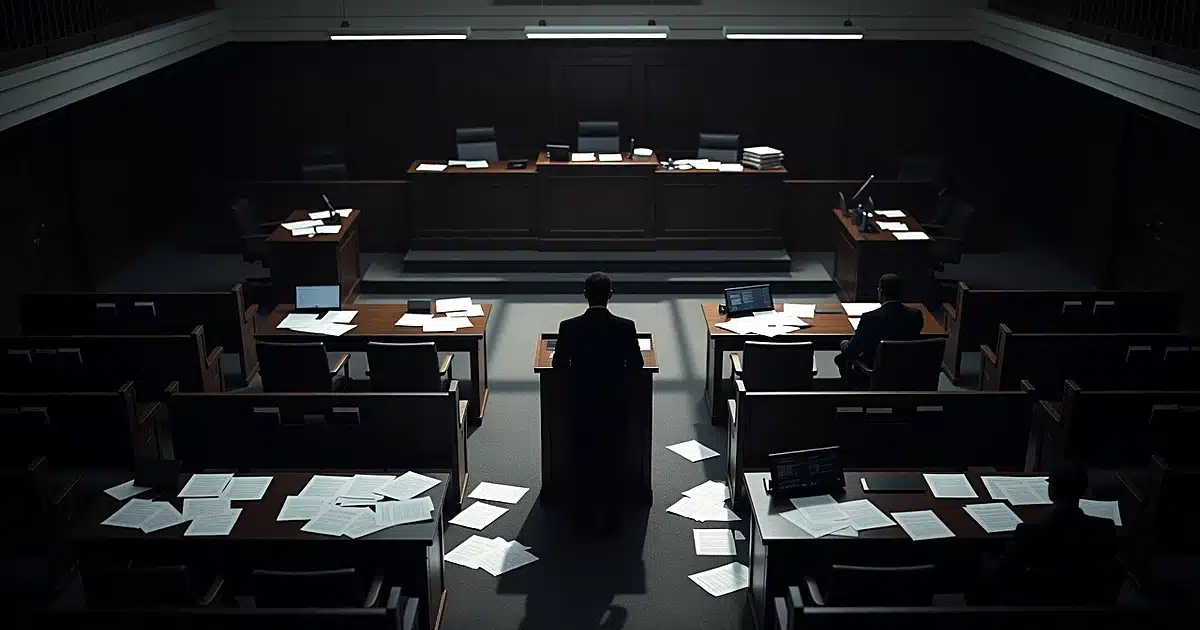Silhouetted figure standing at podium in empty courtroom with dramatic lighting and scattered blank documents