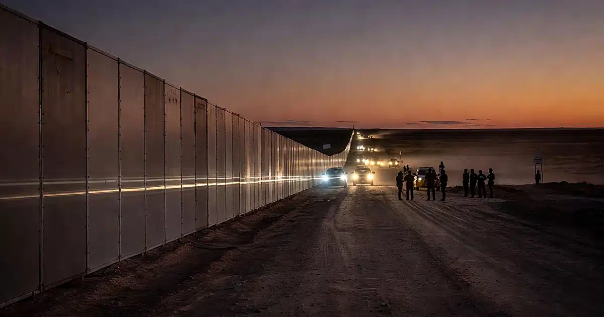 Border fence stretching into distance at dusk with patrol vehicles and silhouetted agents along access road