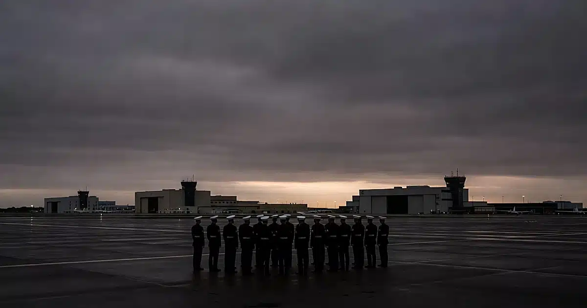 Silhouetted Marines in formation on military air station tarmac at dusk with hangars in background