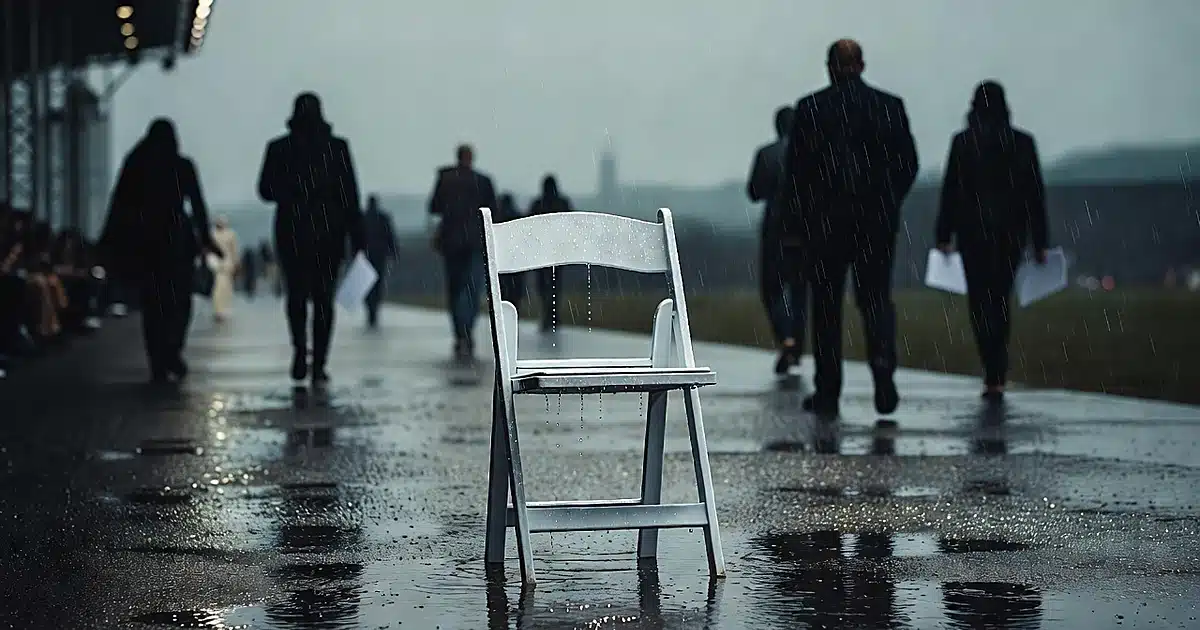 Wet folding chair at outdoor fashion show runway with rain falling and silhouetted staff in background