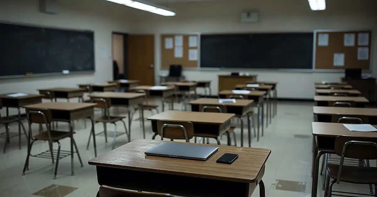 Empty high school classroom with laptop and phone on teacher's desk under fluorescent lighting