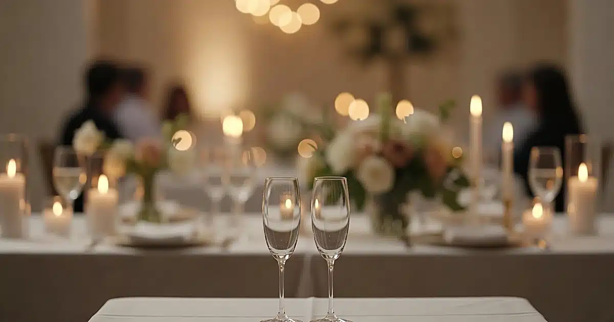 Two champagne glasses on intimate wedding reception table with soft candlelight and floral arrangements in background
