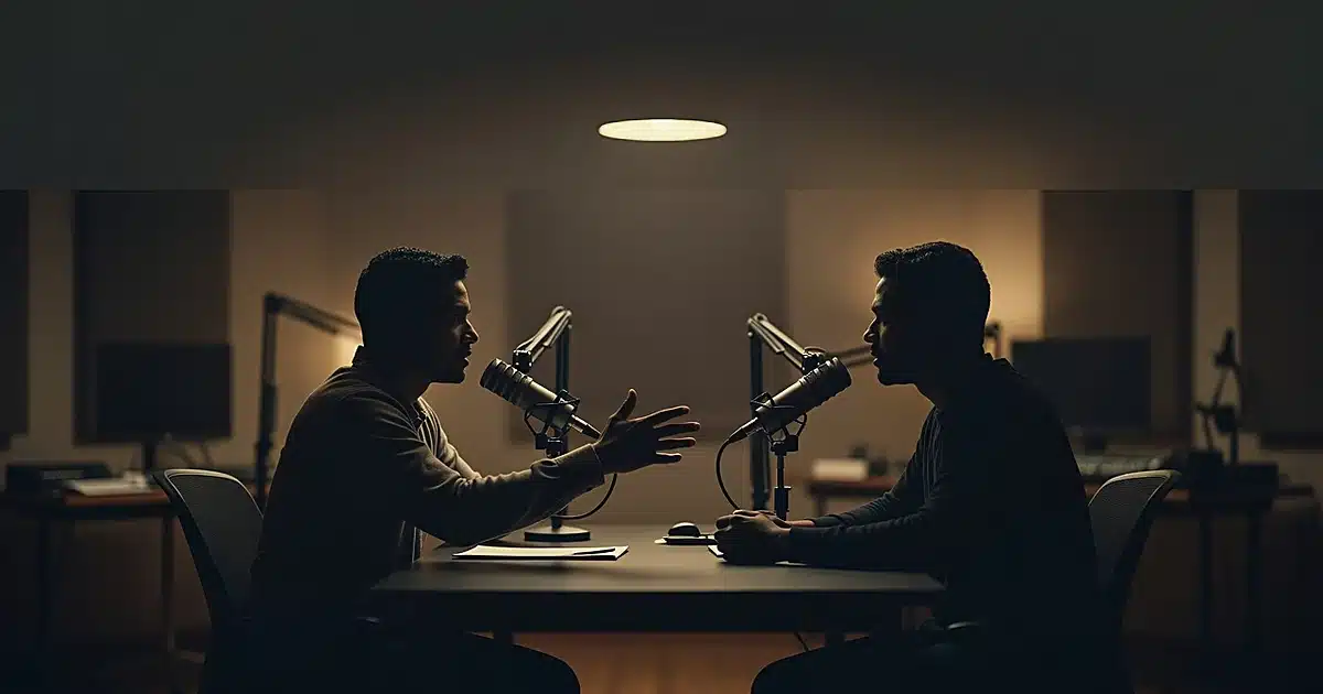 Two silhouetted figures in podcast studio with microphones during active recording session