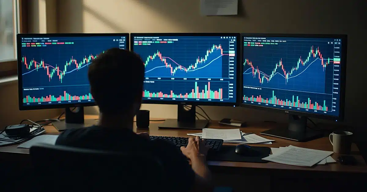 Multiple computer monitors displaying stock trading charts in a home office, viewed from behind trader's position