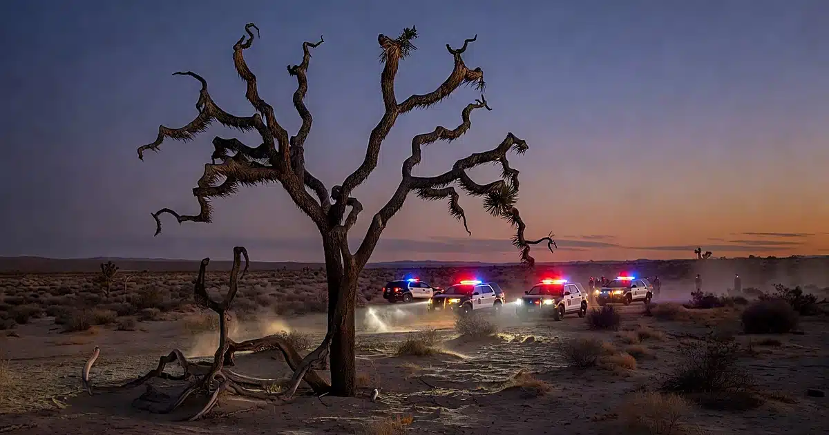 Police emergency lights illuminating desert landscape with Joshua Tree silhouette at dusk in California