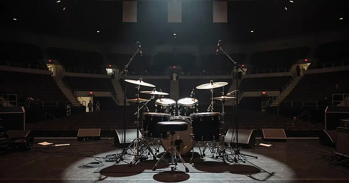 Empty drum kit on concert stage under spotlight in darkened arena with vacant seating in background