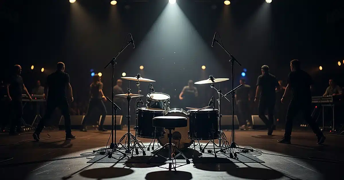 Empty drum kit on concert stage with spotlight and crew silhouettes in background