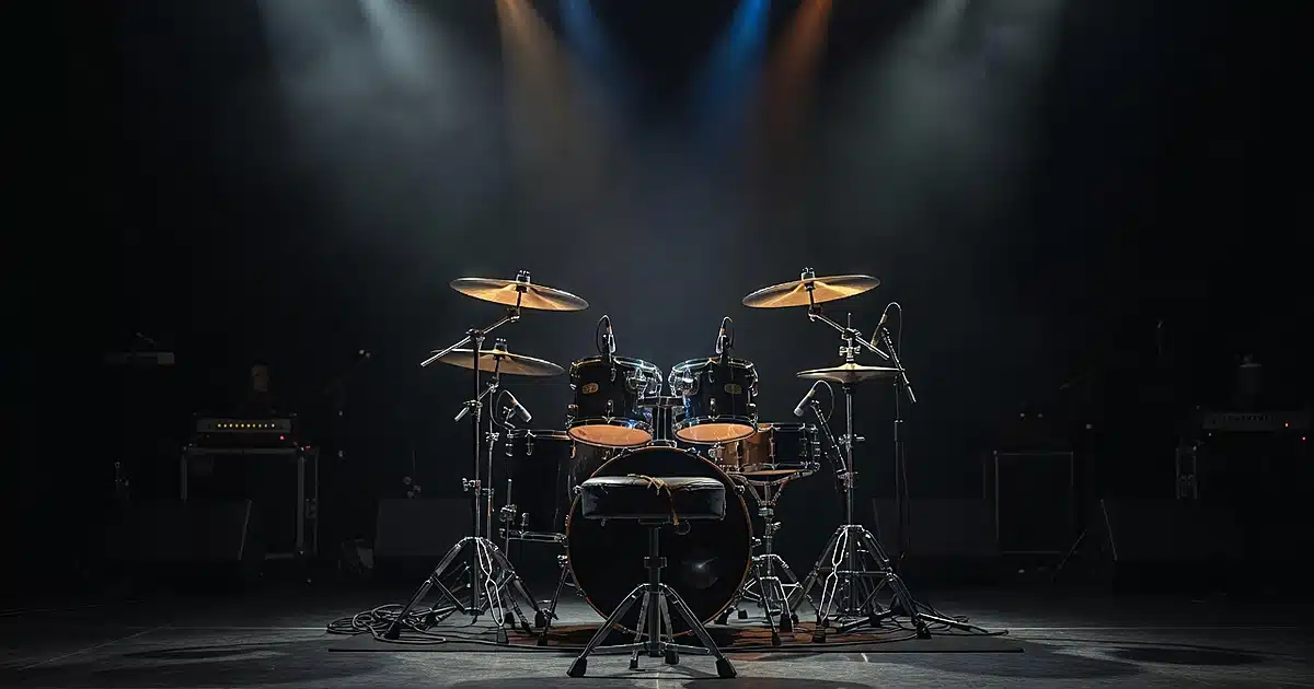 Empty drum kit on concert stage with vacant stool under dramatic stage lighting