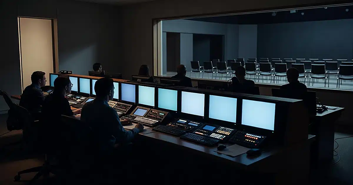 Television studio control room with silhouetted operators at monitors overlooking empty talk show set