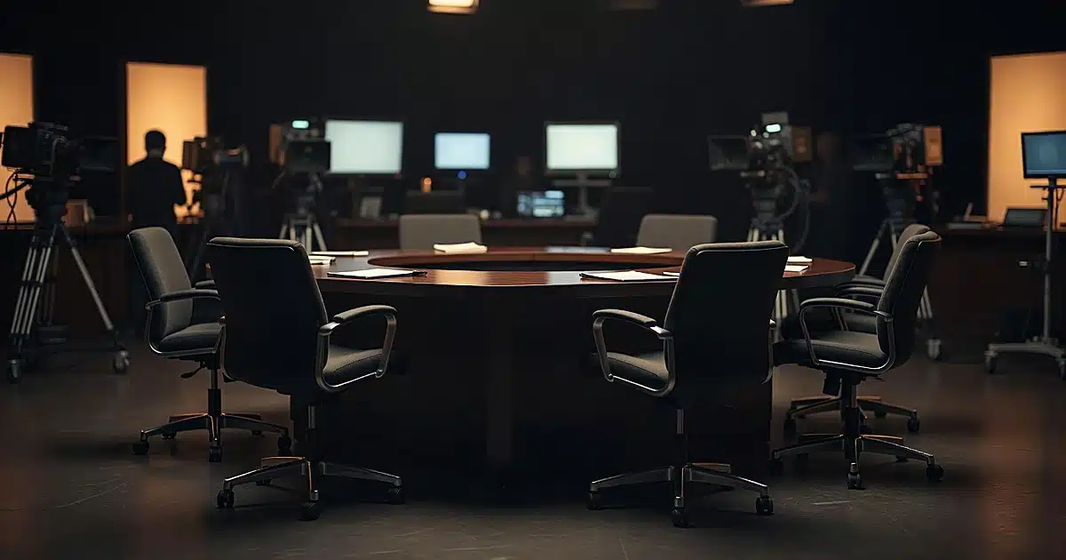 Empty television studio desk with vacant chairs, one pushed back, under warm broadcast lighting