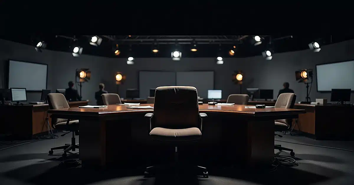 Empty chair at television studio broadcast desk with professional lighting and production equipment in background