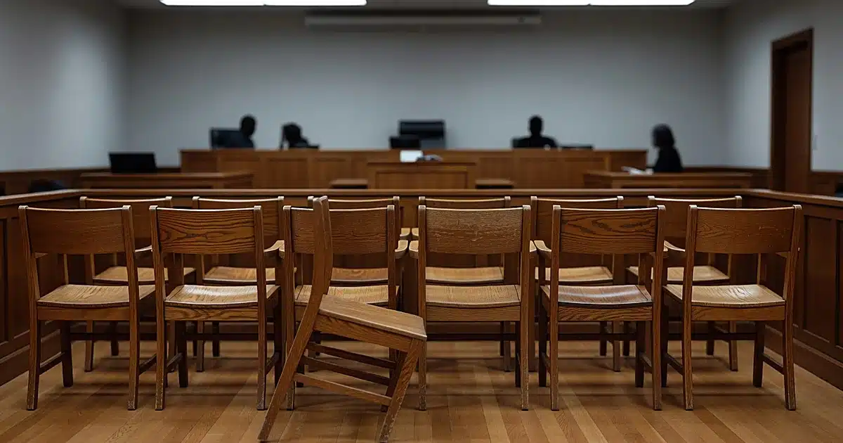 Empty jury box with one chair pushed back differently from others in a courtroom interior