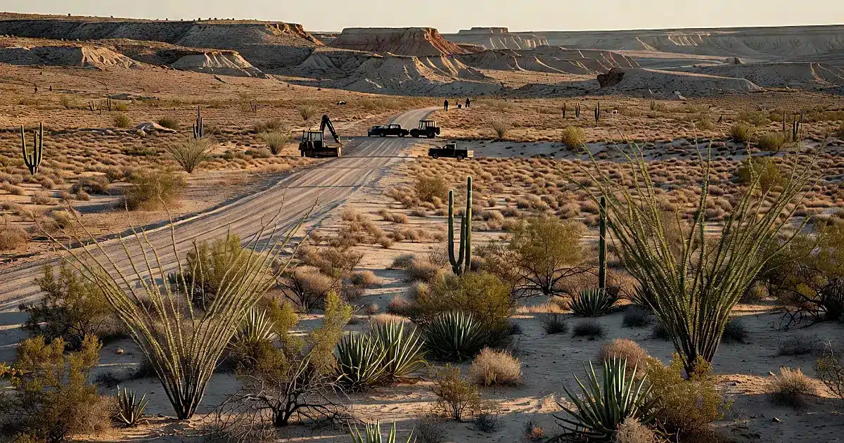 Desert patrol road cutting through Big Bend wilderness with idle construction equipment and native vegetation