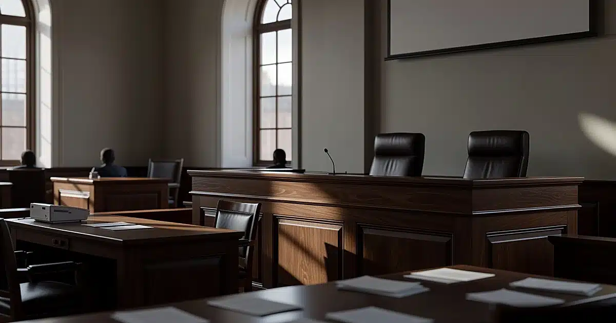 Empty federal courtroom with judge's bench and scattered legal documents on table in foreground