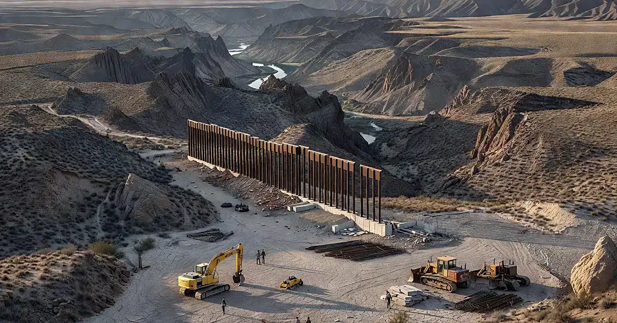 Unfinished border barrier construction halted in Big Bend desert landscape with idle equipment and river in distance