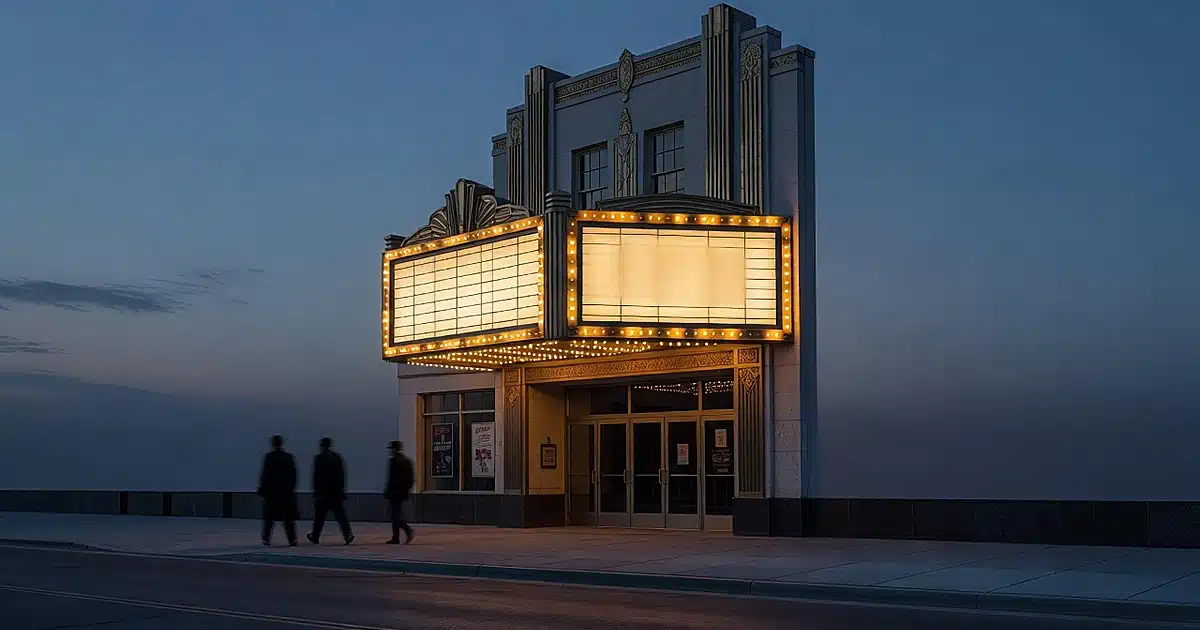 Vintage movie theater marquee glowing at dusk with silhouetted figures walking past on sidewalk