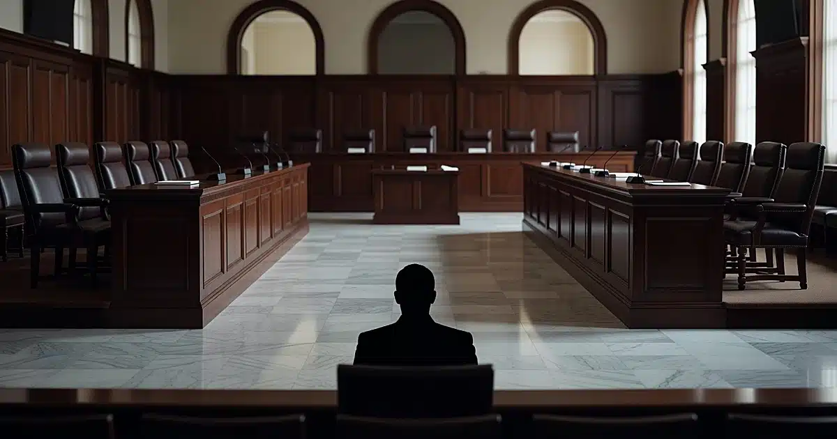 Empty Supreme Court chamber with solitary silhouetted figure seated alone in gallery, viewed from behind