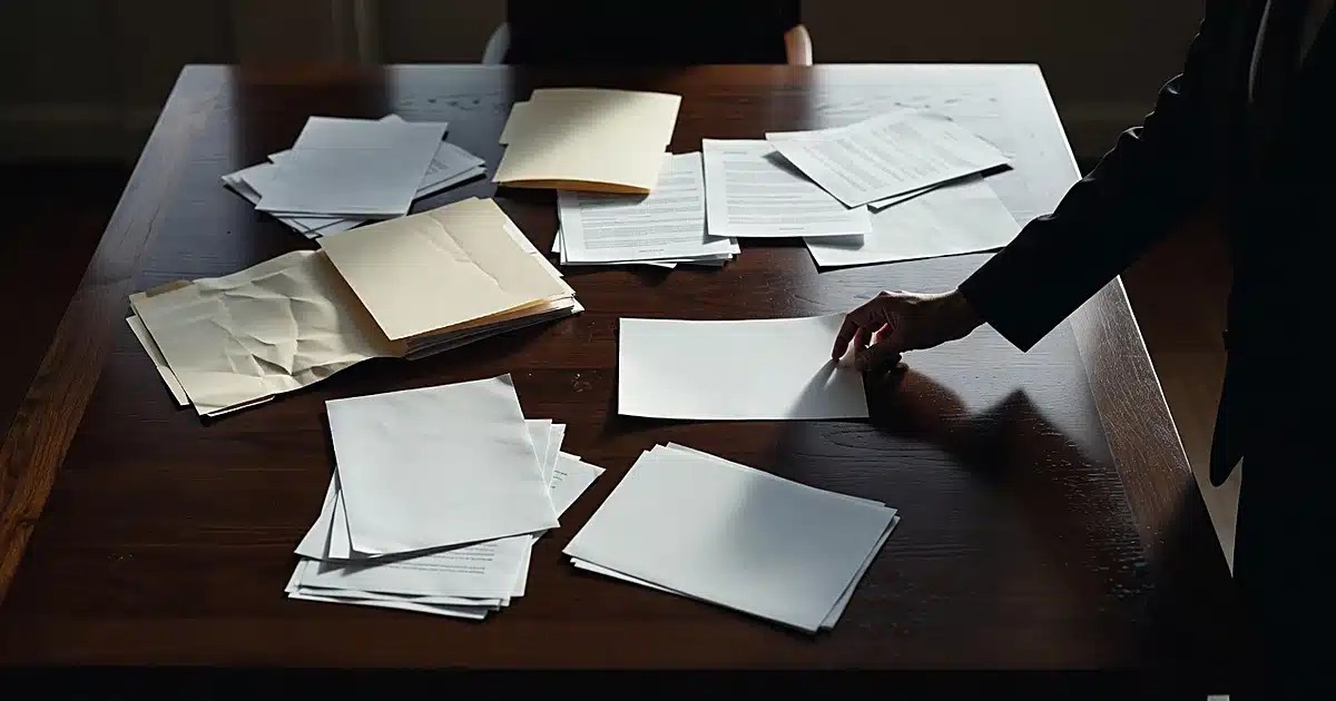 Courtroom evidence table with scattered subpoena documents and silhouetted hand reaching across surface