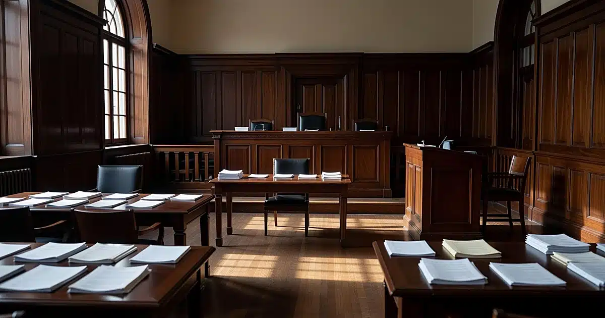 Empty federal courtroom with scattered legal documents on tables and dramatic window light casting shadows