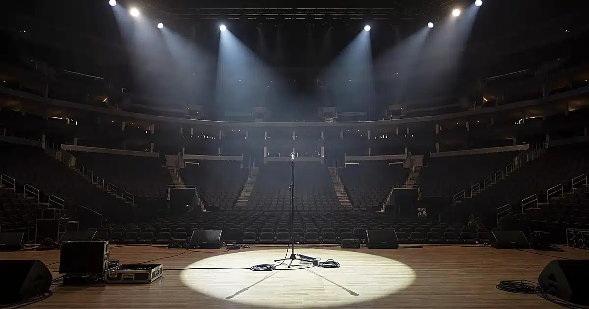 Empty concert stage with microphone stand and dramatic lighting at indoor arena venue