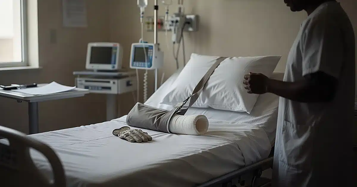 Hospital bed with medical cast and sling beside golf glove in clinical room with natural window light