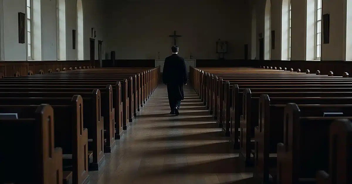 Empty church sanctuary with silhouetted figure walking down center aisle toward exit in natural window light