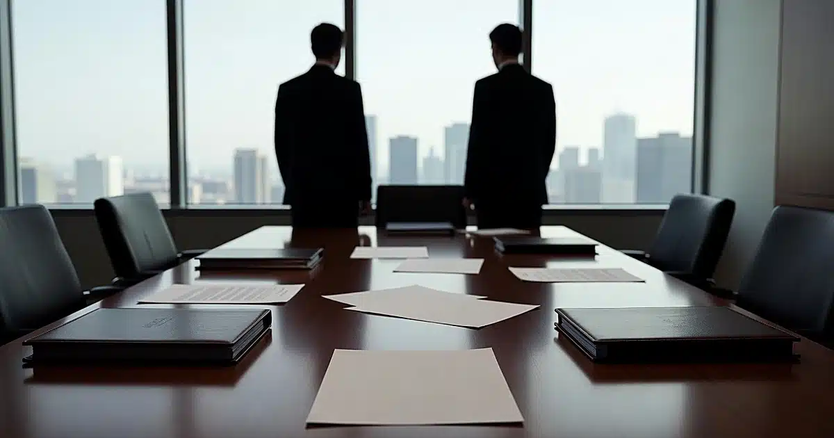 Law office conference table with documents and silhouetted figures by windows with city skyline background
