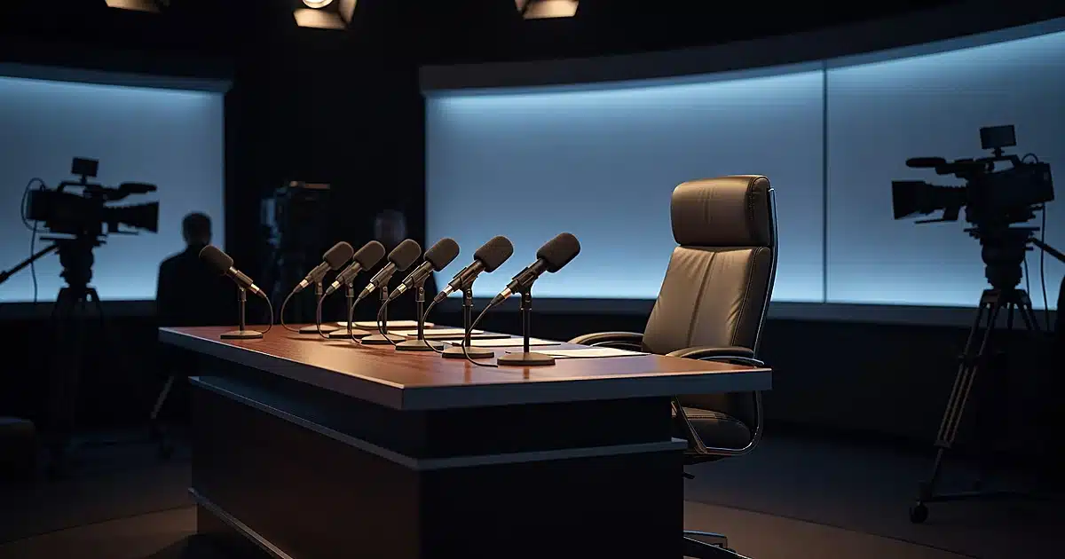 Empty broadcast news studio desk with microphones and anchor chair under professional lighting