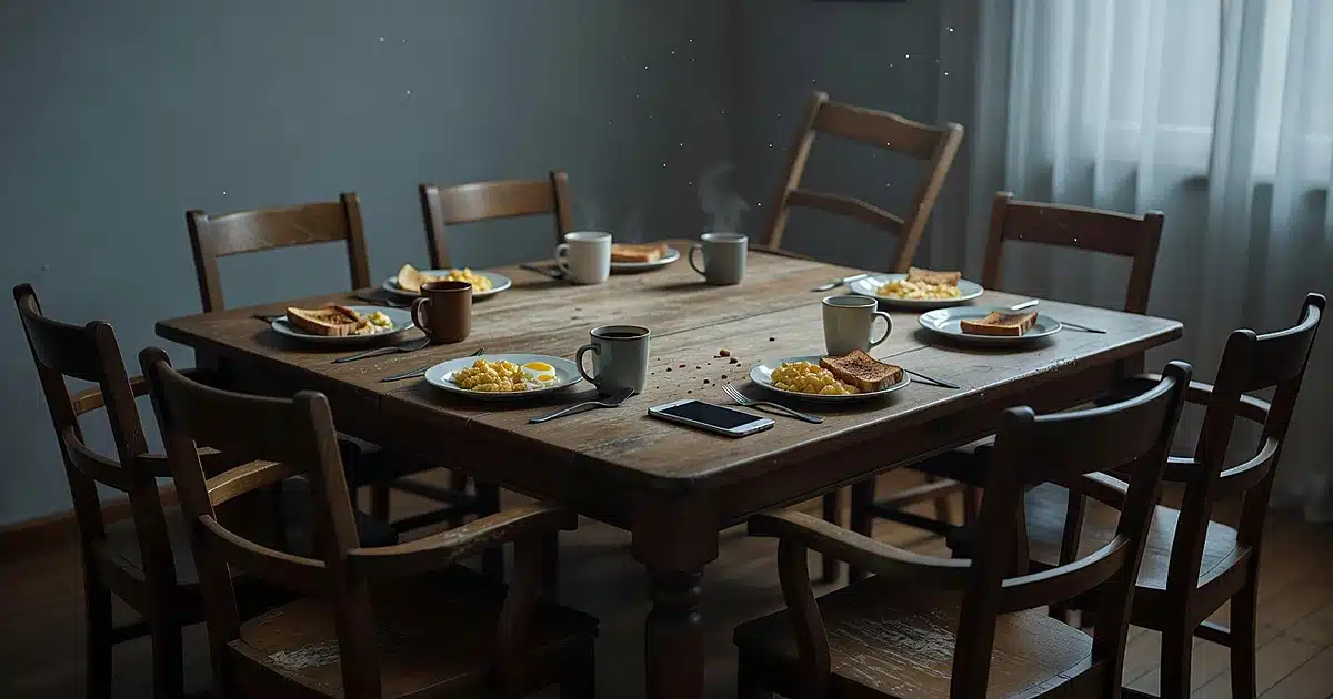 Empty dining chairs around breakfast table with abandoned smartphone suggesting family estrangement