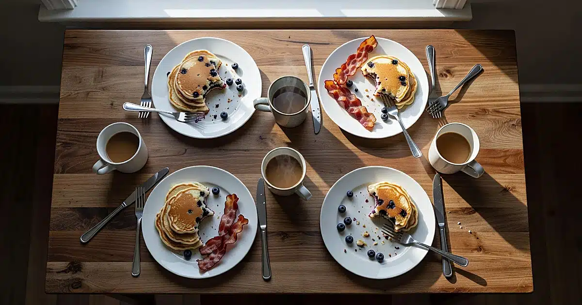 Overhead view of breakfast table with pancakes and bacon on plates with morning sunlight