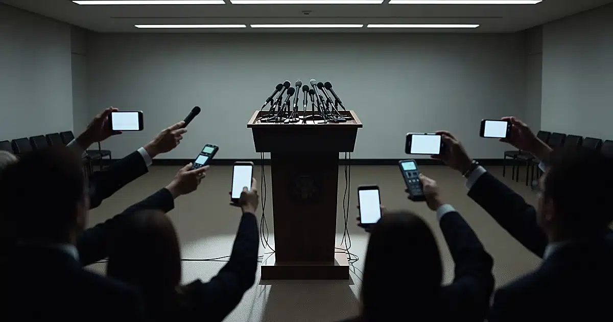 Empty White House press briefing podium with microphones, reporters' silhouettes in foreground holding devices upward