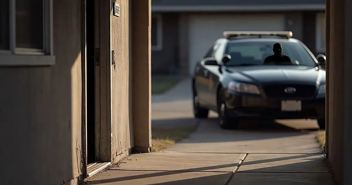 Open residential front door with sheriff patrol vehicle in background driveway during daytime welfare check