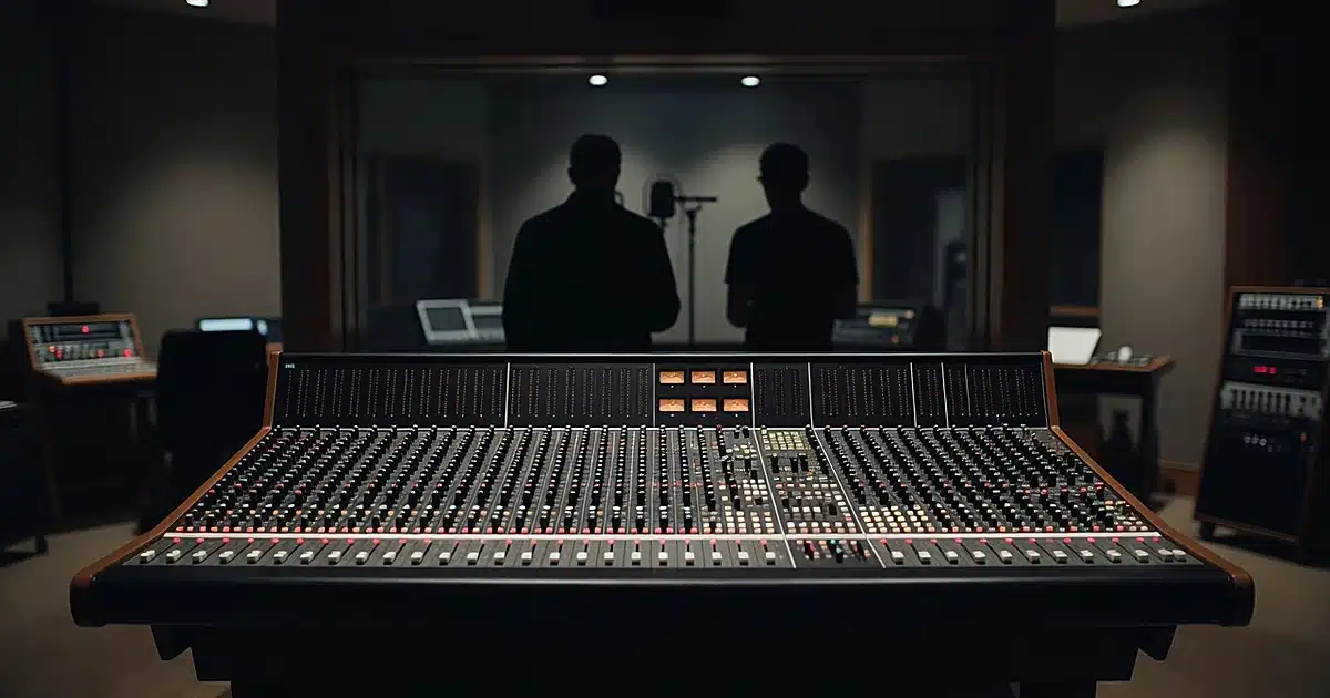 Recording studio mixing console with silhouetted figures in vocal booth beyond glass window