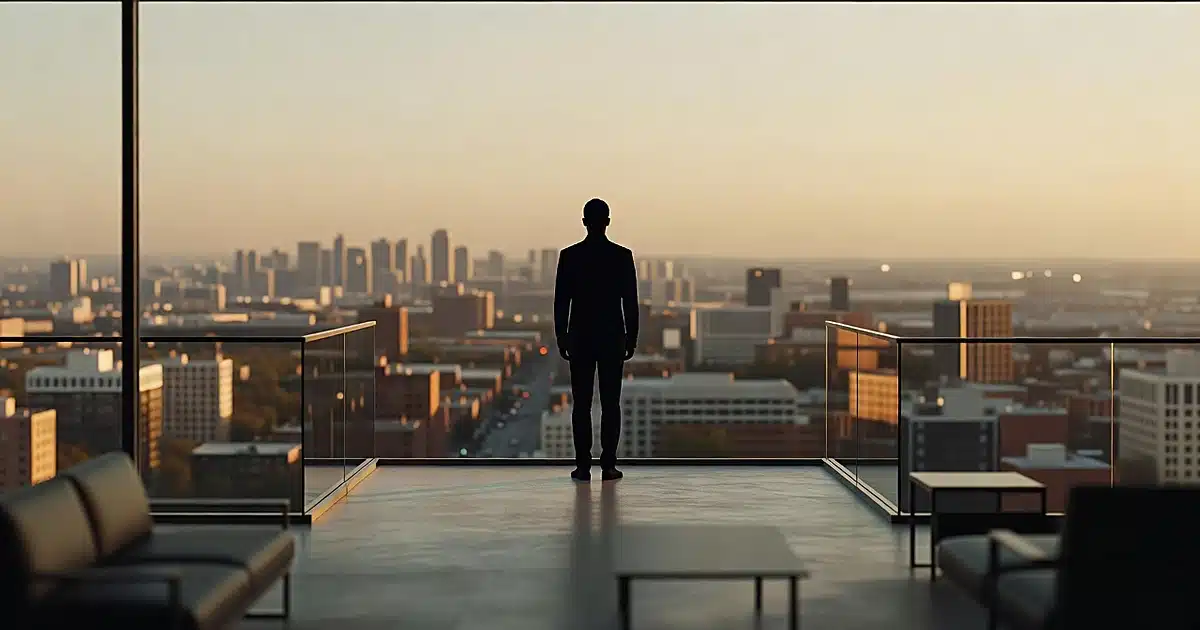 Silhouetted figure on penthouse balcony overlooking city skyline at sunset