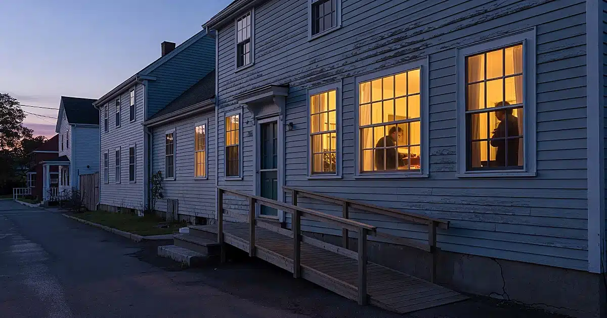Massachusetts home at dusk with wheelchair ramp leading to illuminated entrance