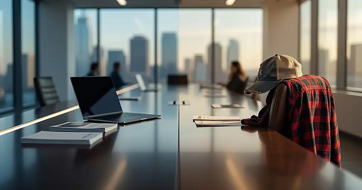 Corporate boardroom table dividing polished business materials from casual working-class clothing items