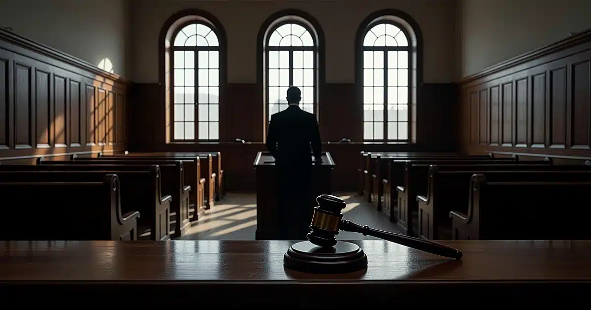 Gavel on courtroom bench with silhouetted figure at podium in shadowy courtroom interior