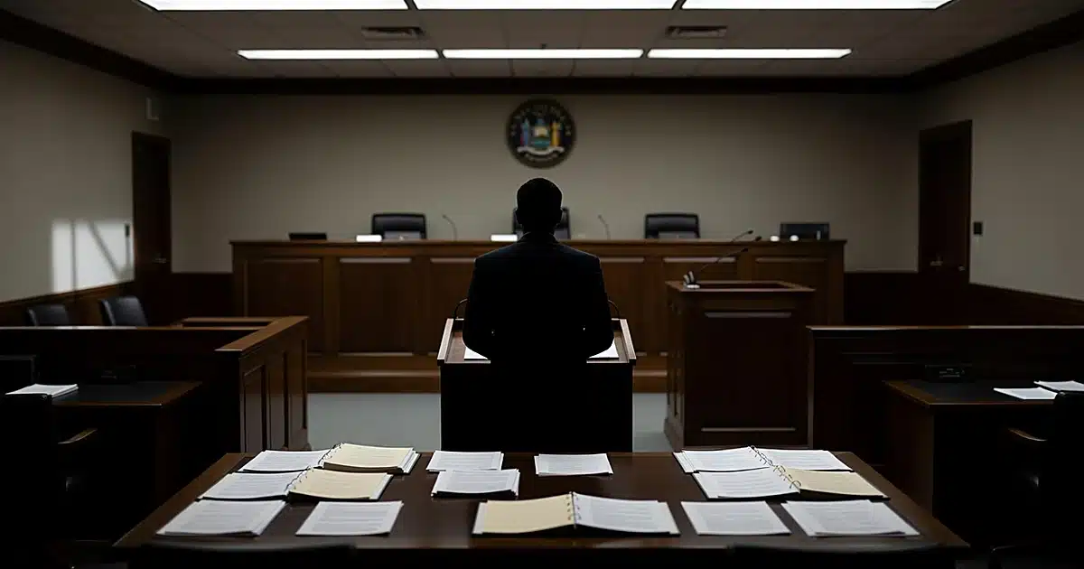 Empty New York courtroom with attorney silhouette at podium, scattered legal documents on table