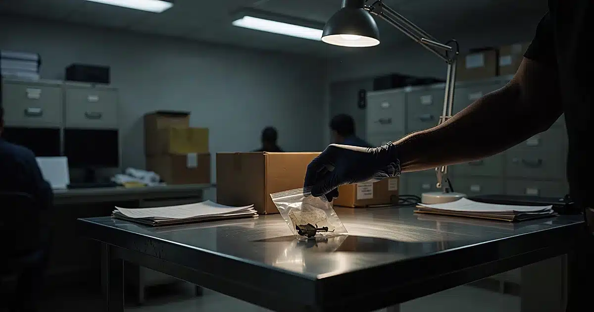 Forensic technician's gloved hand placing evidence bag on examination table in laboratory setting