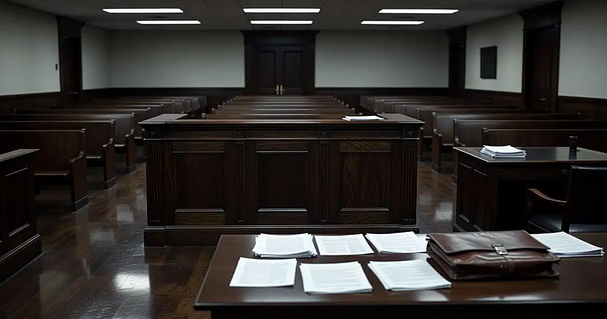 Empty federal courtroom with judge's bench, witness stand, and scattered legal documents on prosecution table