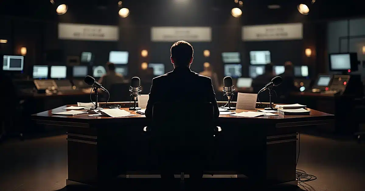 Television studio desk with microphones and silhouetted host figure backlit by studio lighting