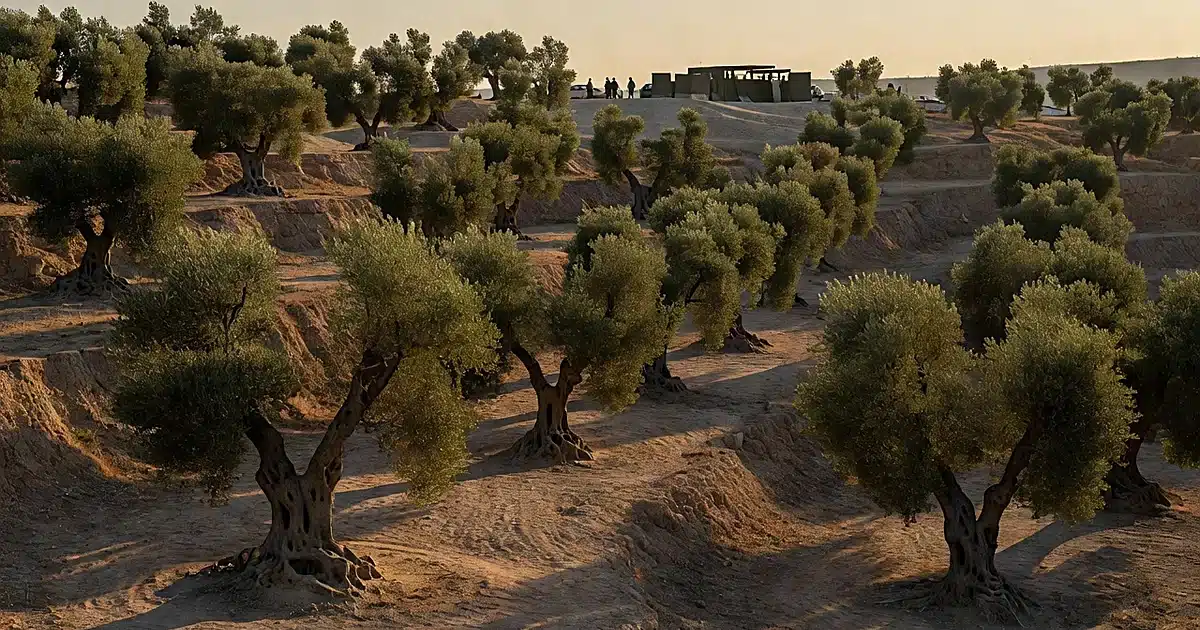Olive grove terraces in West Bank with distant military checkpoint structure at golden hour