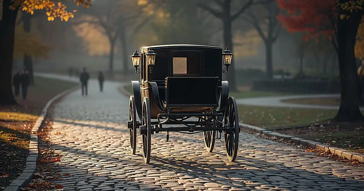 Empty horse-drawn carriage on cobblestone path in Central Park at sunset with autumn trees in background