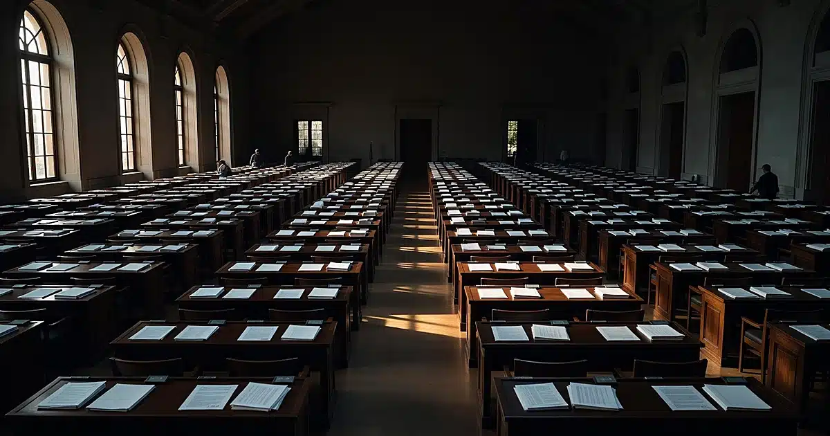 Empty legislative chamber with scattered papers on desks, afternoon light streaming through tall windows