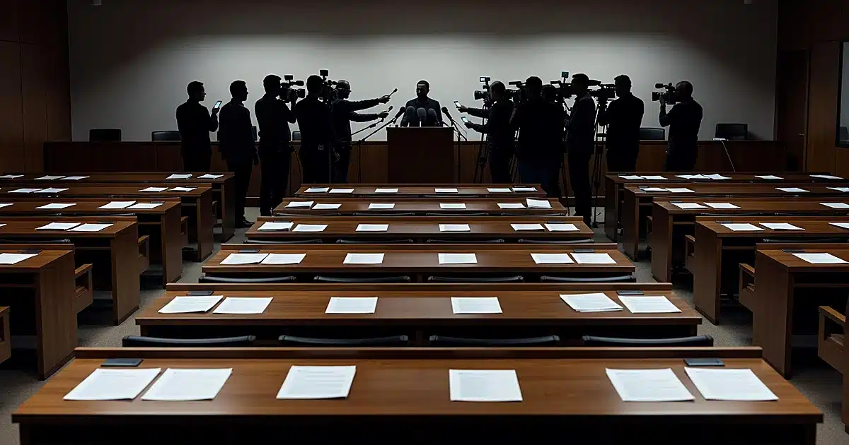 City council chamber with silhouetted reporters holding microphones toward podium during tense press conference