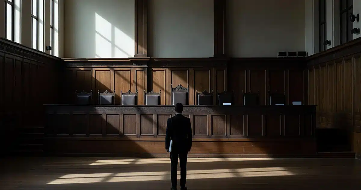 Silhouetted figure facing empty judicial bench inside International Criminal Court chamber with dramatic window light